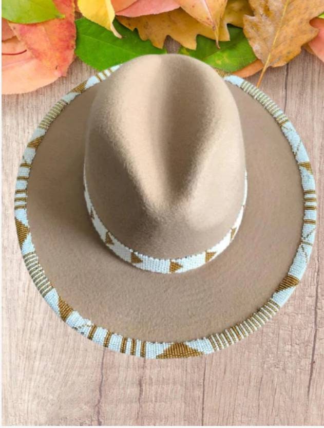 Beige fedora hat|cowboy hat|brim hat|summer hats|beaded hats with white and gold beads