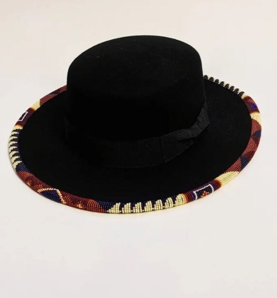Black beaded fedora hat/cowboy hat|summer hats|brim hat with cream and brown bead work