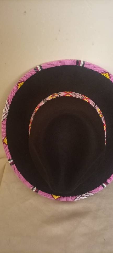 Black fedora hat with purple/fuchsia bead work with free shipping world wide