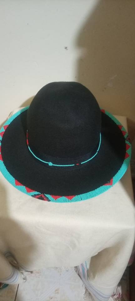 Black fedora hat|cowboy hat|summer hats|beaded hats|brim hat|casual hat with green and brown bead work