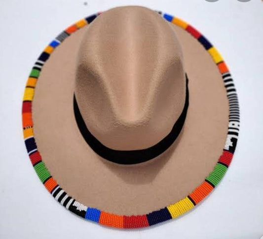 Beige handmade beaded fedora hats /cowboy hats|summer hats|brim hat