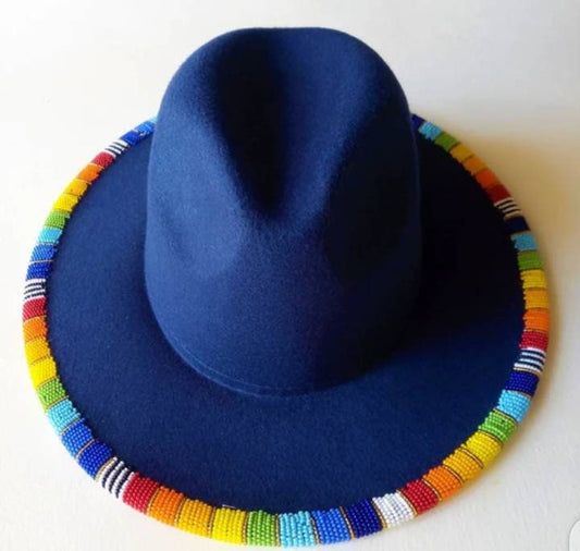 Dark blue beaded fedora hat/cowboy hat with multicolored beadwork with free shipping world wide