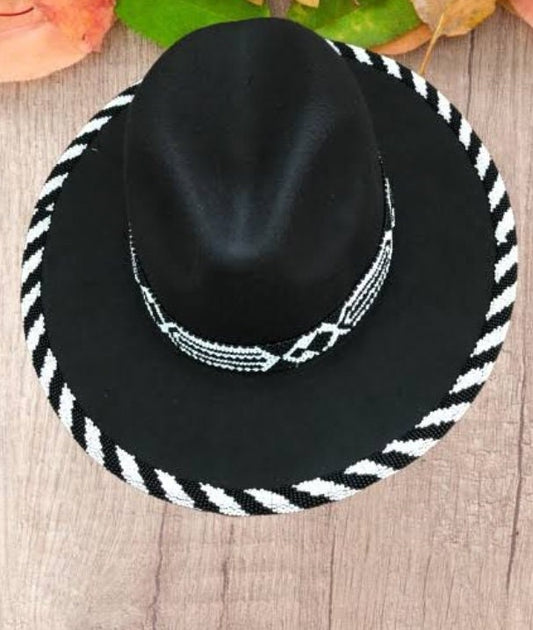 Black fedora hat with white and black bead work with free shipping world wide