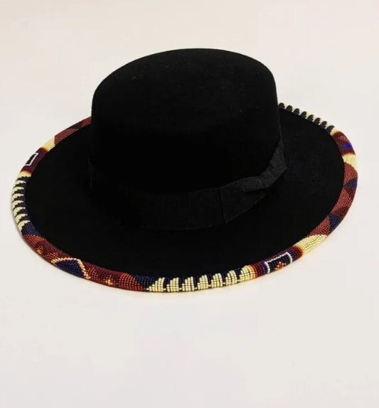 Black beaded fedora hat/cowboy hat|summer hats|brim hat with cream and brown bead work