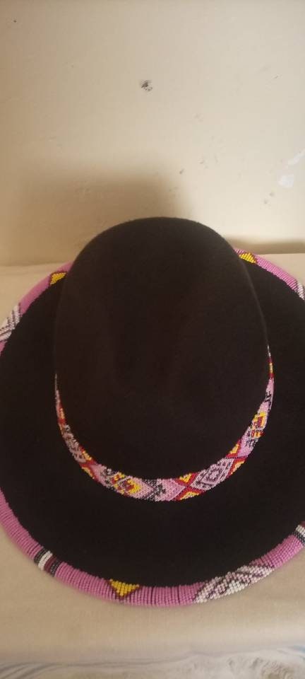 Black fedora hat with purple/fuchsia bead work with free shipping world wide