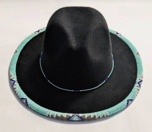 black with blue beads fedora hat|cowboy hat|summer hats|brim hat